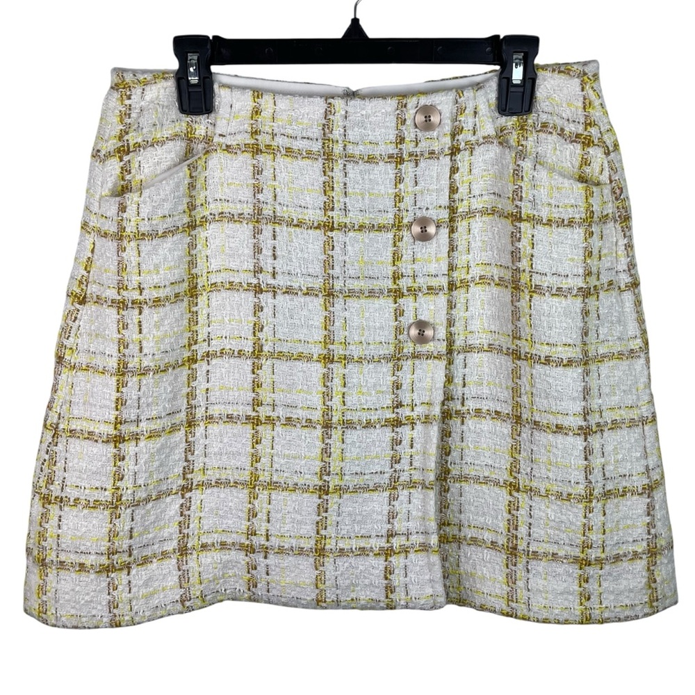 CAbi | Coco Cream Yellow Tweed Button Faux Wrap Mini Skirt